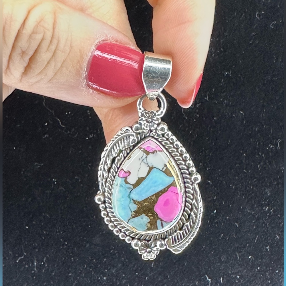 .924 Sterling Silver *Cotton Candy* Turquoise Pendant, Pink and Blue